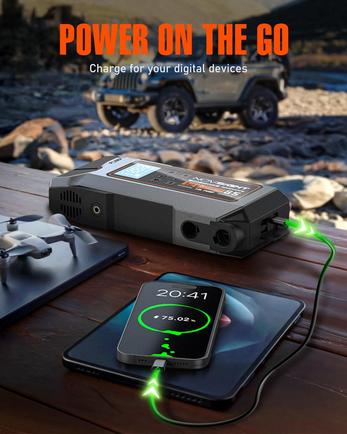 NOVSIGHT Jump Starter With Air Compressor - 6000A 13-in-1 Portable Jump Box for Car Battery, 12V Jump Starter Power Pack(ALL Gas/10L Diesel) 150PSI Auto-Shut Tire Inflator & Air Inflator/Deflator Pump