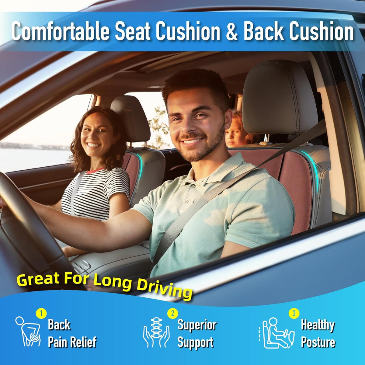 Car Seat Cushion with Back Support Pillow, Comfy Lumbar Support & Seat Cushion, Memory Foam Driving Pillow for Back-Sciatica Pain Relief, Auto Pad Suitable for Car, Truck, SUV - Brown