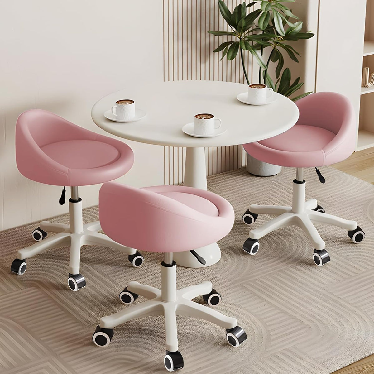 Rolling Stool Set of 3 Rolling Hydraulic Salon Stool with Low Backrest - Adjustable Swivel Chair for SPA, Shop, Salon, Massage, or Medical Office Pink