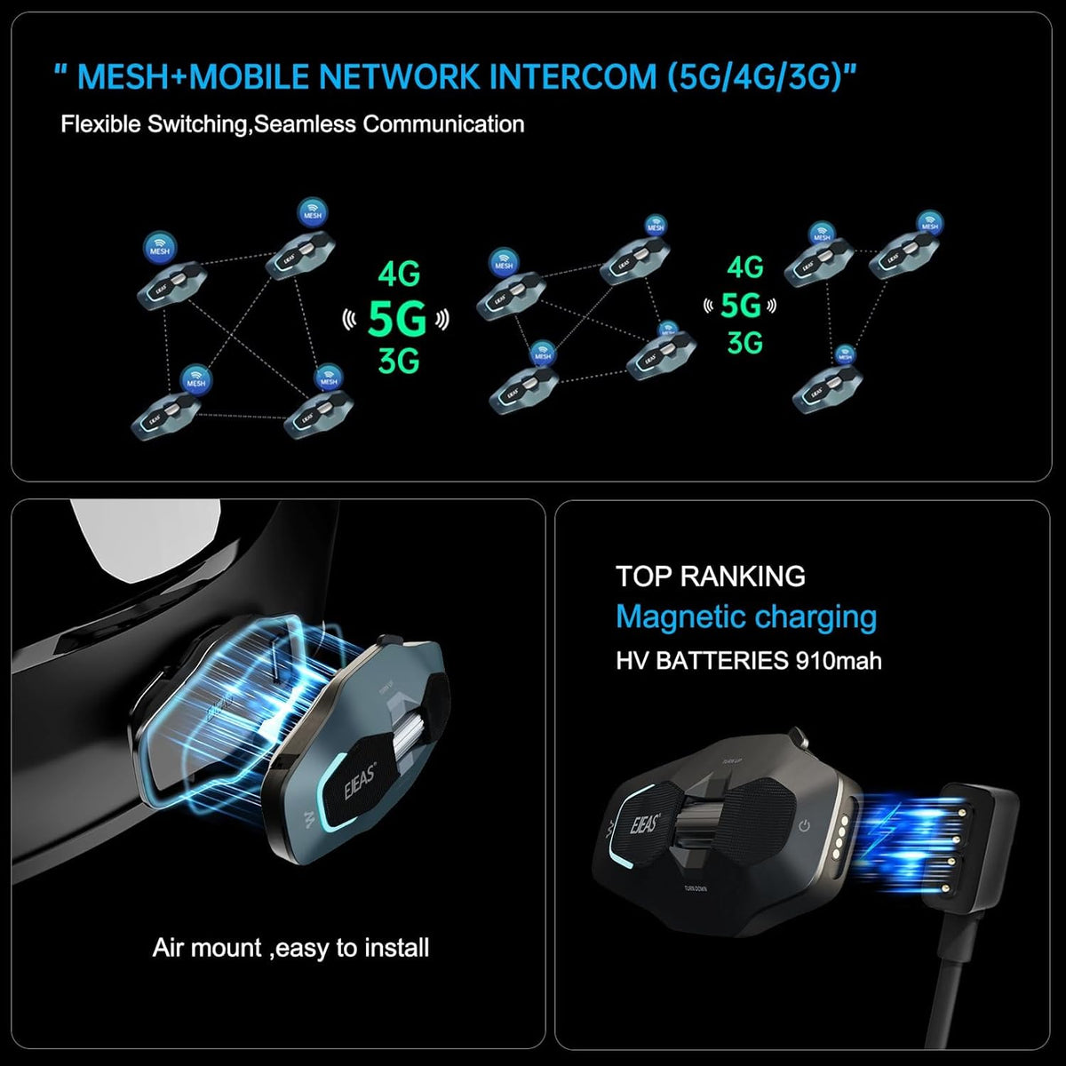 SolaMr X10 Motorcycle Helmet Bluetooth Headset Speakers Headphone, Ski Helmet Intercom Integrated Mesh Communication System Support 10 Riders with Bluetooth 5.1, Noise Cancellation, Music Share, Green