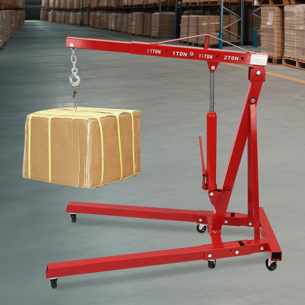 Folding Engine Crane 2 Ton Folding Engine Hoist 4400lbs Crane Hoist Lift with 6 Iron Caster Wheels for Garage, Workshop (Red)