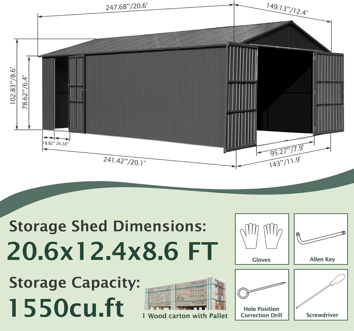 Domi 12’x20’ Outdoor Metal Garage Shed, All Weather Enclosed Carport with Sidewalls & 2 Lockable Doors, Extra Large Backyard Storage Shed for Car, Truck, Lawn Mower, 80MPH Wind Resistance, Dark Grey