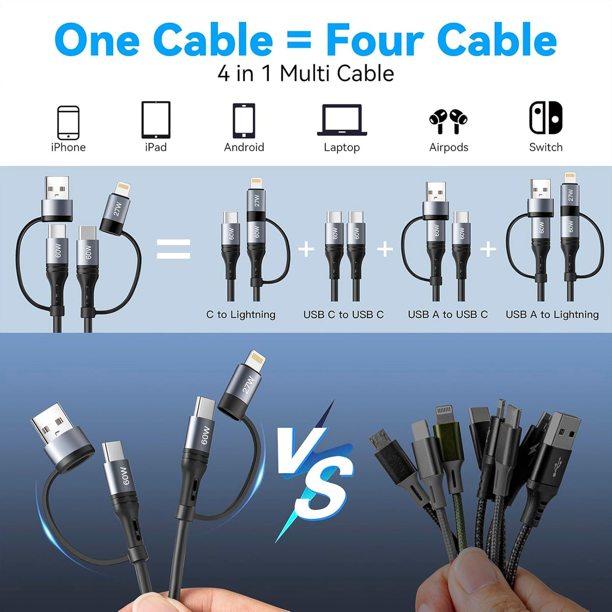 Coiled Lightning Cable [2Pack 4FT] 4 in 1 Multi Charging Cable 60W Fast Charging Retractable Charger Cord for iPhone 15/14/13/12/11 Pro Max/XS MAX/XR/XS/X/8/7/6 Plus/iPad/AirPods/MacBook/CarPlay