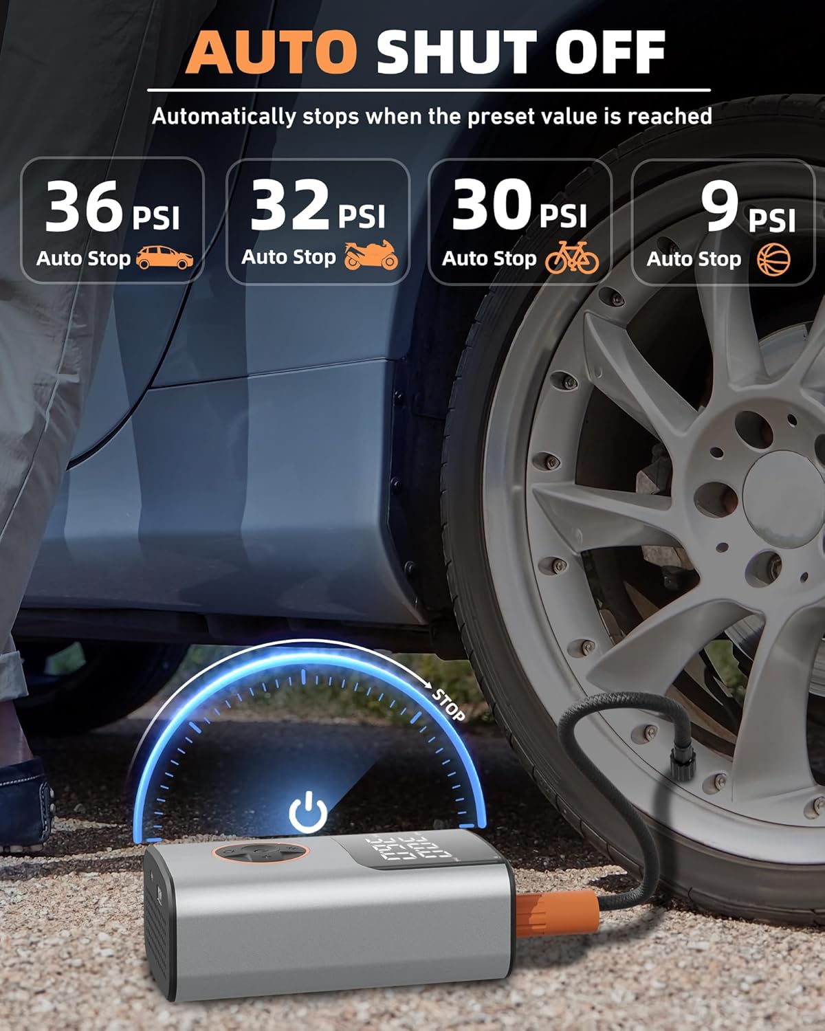 Tire Inflator Portable Air Compressor, Bike Pump, 150PSI Air Pump for Car Tires with LCD Dual Screen and Digital Tire Pressure Gauge, Air Compressor for Bicycle, Motorcycle, Compact Car, Ball