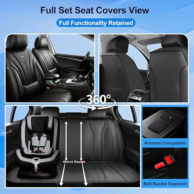 Fit CRV Car Seat Covers for Select Honda CR-V 2011-2026 - Premium Full Coverage Leather, Airbag Compatible, Waterproof & All Weather Breathable Seat Cushion Protector, Full Set, Black