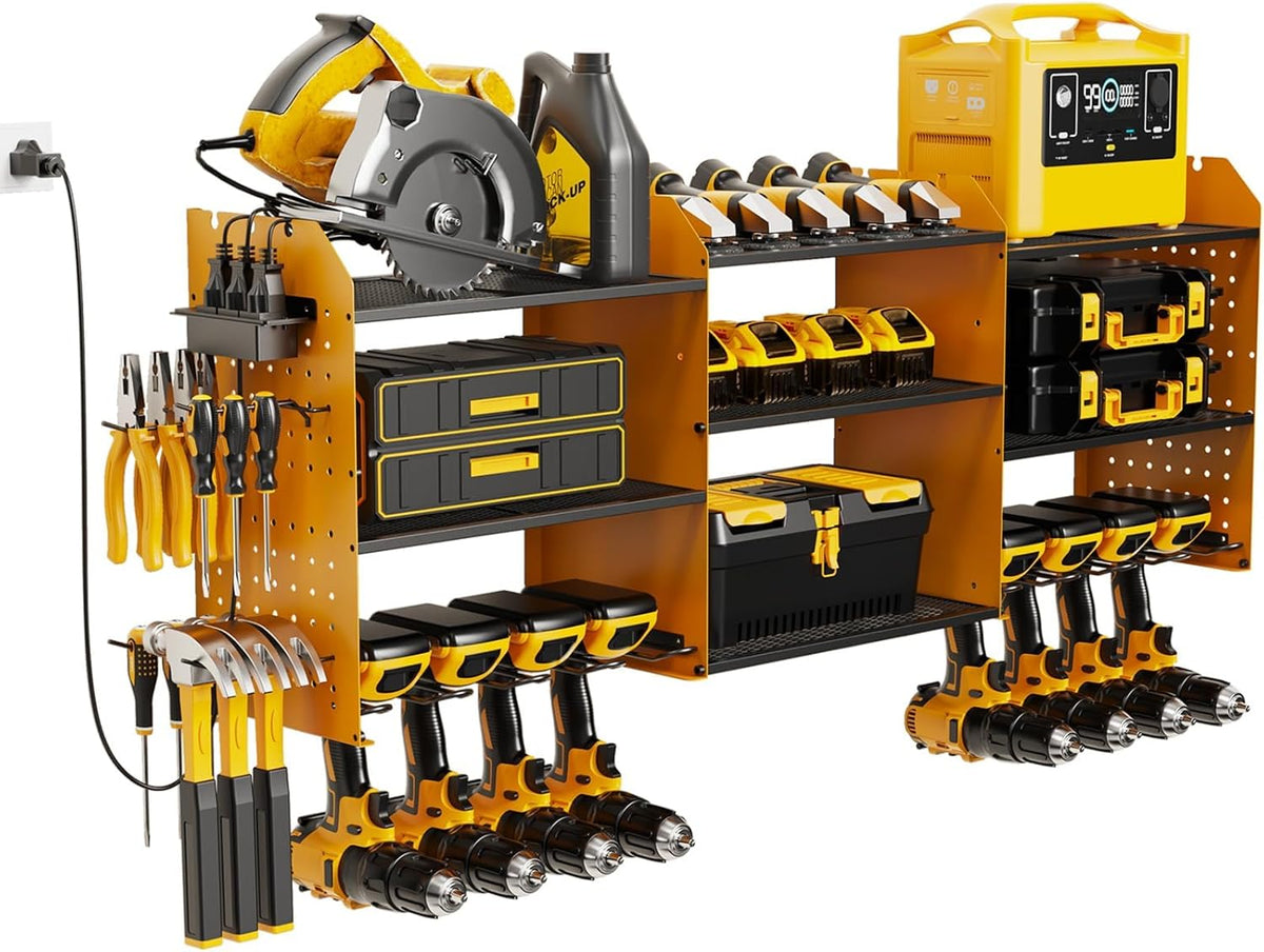 Power Tool Organizer with Charging Station Wall Mount, 3 Layer Expanded Heavy Duty Garage Organization, 45.5 Inch Length Garage Tool Storage, 8 Drills, 2 Assemble Method, Yellow