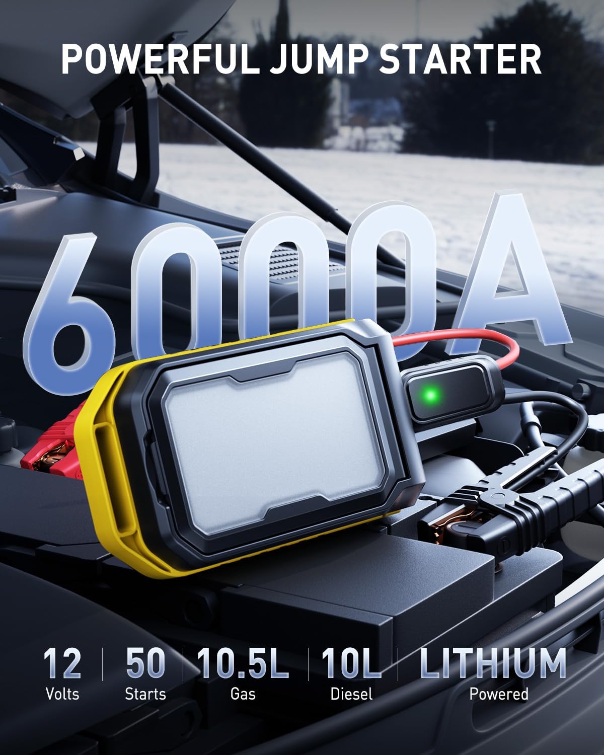 AUXITO Jump Starter: 6000A Car Portable-Battery Jumper Box with 4000LM LED Outdoor Camping Light and Power Bank Function, Up to 10.5L Gas and 10L Diesel Engines, USB Ports and Jumper Cable Included