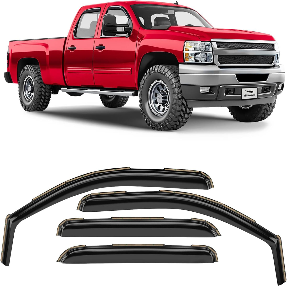 Voron Glass in-Channel Extra Durable Rain Guards for Chevrolet (Chevy) Silverado 2500HD/3500HD 2007-2014 Crew Cab, Window Deflectors, Vent Window Visors, 4 Pieces - 200265