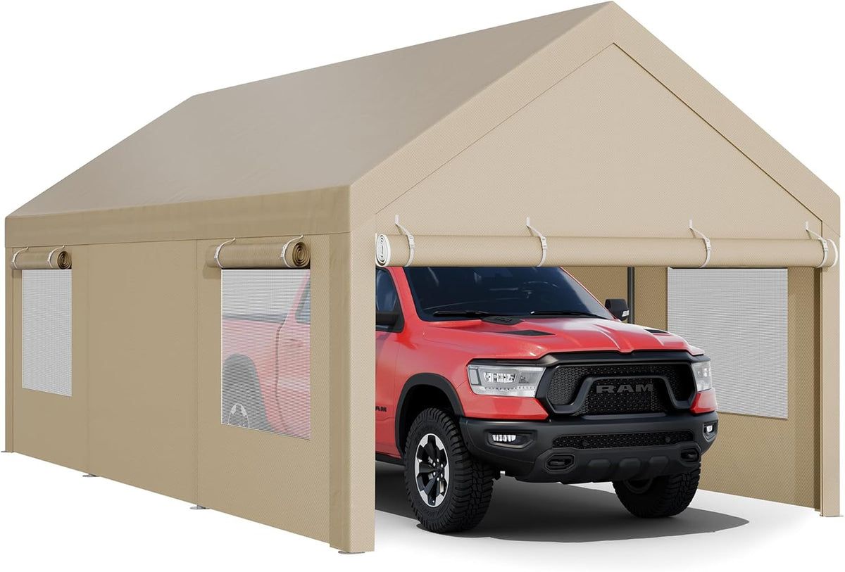 JY QAQA Carport, 10x20 FT Heavy Duty Carport Reinforced Steel Poles with Removable Sidewalls & Doors,Roll-up Windows Car Canopy with Sandbags and All-Season Tarp for Car Boat Truck Motorcycle