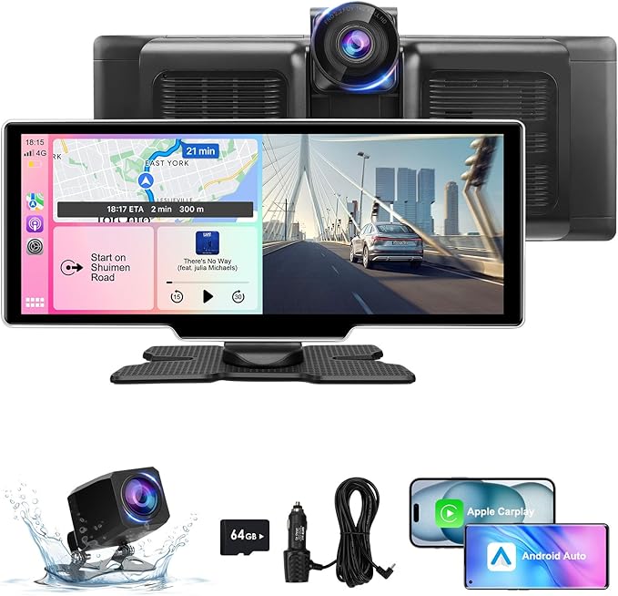 10.26" Wireless Carplay Screen for Car with 4K Dash Cam | Portable Car Play & Android Auto Touch Screen, 1080p Backup Camera, Mirror Link, Voice Control, GPS Navigation | for All Cars