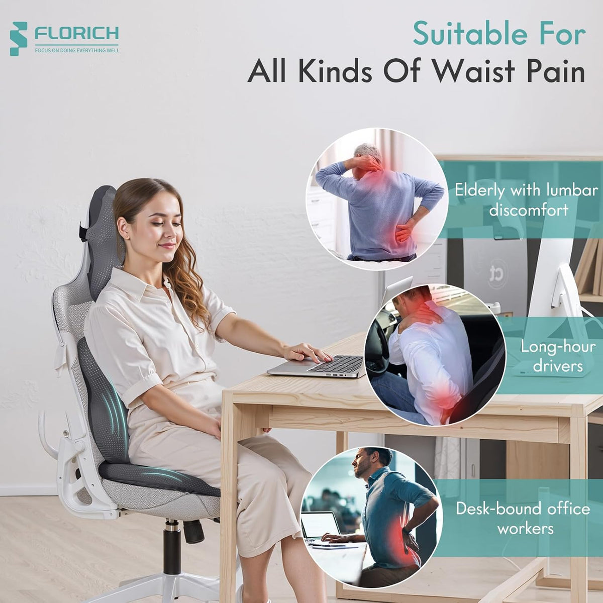 FLORICH Car Seat Cushion and Lumbar Support Pillow for Office Chair Car, Neck Headrest Pillow, Ergonomic Memory Foam, Pressure-Relieving Back Support for Car, Office Chair & Wheelchair – Gray