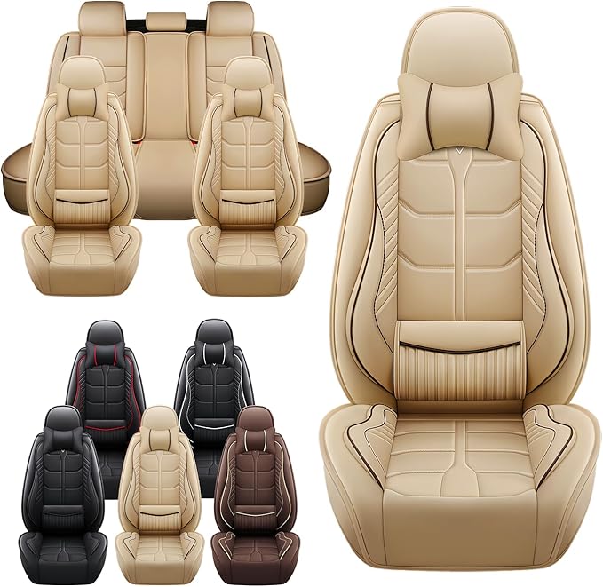 Leather Car Seat Covers Fit for Toyota Corolla iM 2017-2018, 5 Seater Car Seat Cover, Premium Waterproof, Scratch Resistant Car Interior Accessories (Full Set with Pillow Beige)