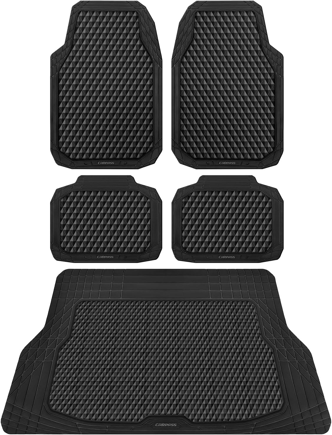 CAR PASS Black Rubber Car Floor Mats & Cargo Liners, Durable Anti-Slip 3D Rhombus Waterproof Automotive Pad Trim Fit Liner All-Weather Trunk Mats Full Set Universal Fit Auto Van Sedan SUV Truck Black