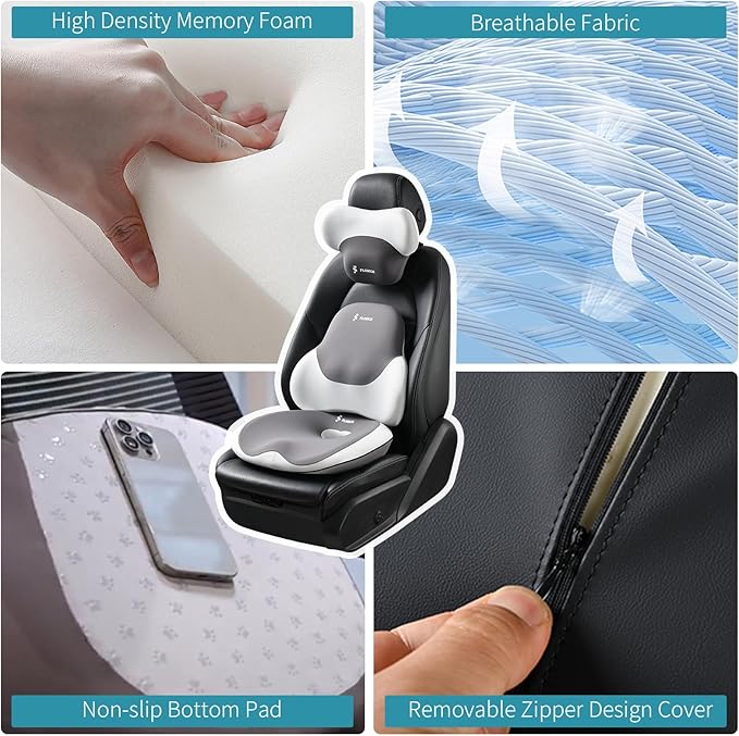 FLORICH Seat Cushion with Lumbar Support Pillow and Car Neck Headrest Pillow Kit for Office Chair, Memory Foem Sciatica Tailbone Hip Lower Back Pain Pressure Relief Butt Pads for Long Sitting Driving