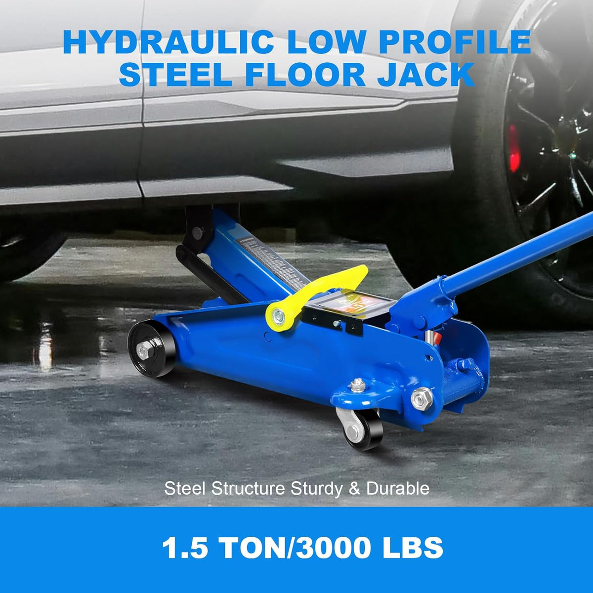 Floor Jack 1.5 Ton (3,000 LBs) Hydraulic Car Jack, Lifting Range from 5.1 Inch to 12.6 Inch, Fits Sedans Automotive Blue