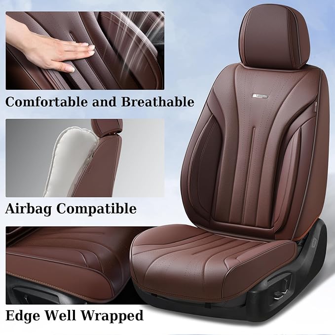 Coverado Front Seat Covers for Cars, Universal Car Seat Covers, 2 PCS Waterproof Leather Seat Cover, Driver Seat Covers Front Car Seat Protector, Breathable Car Seat Cushions Fit for Most Cars, Coffee