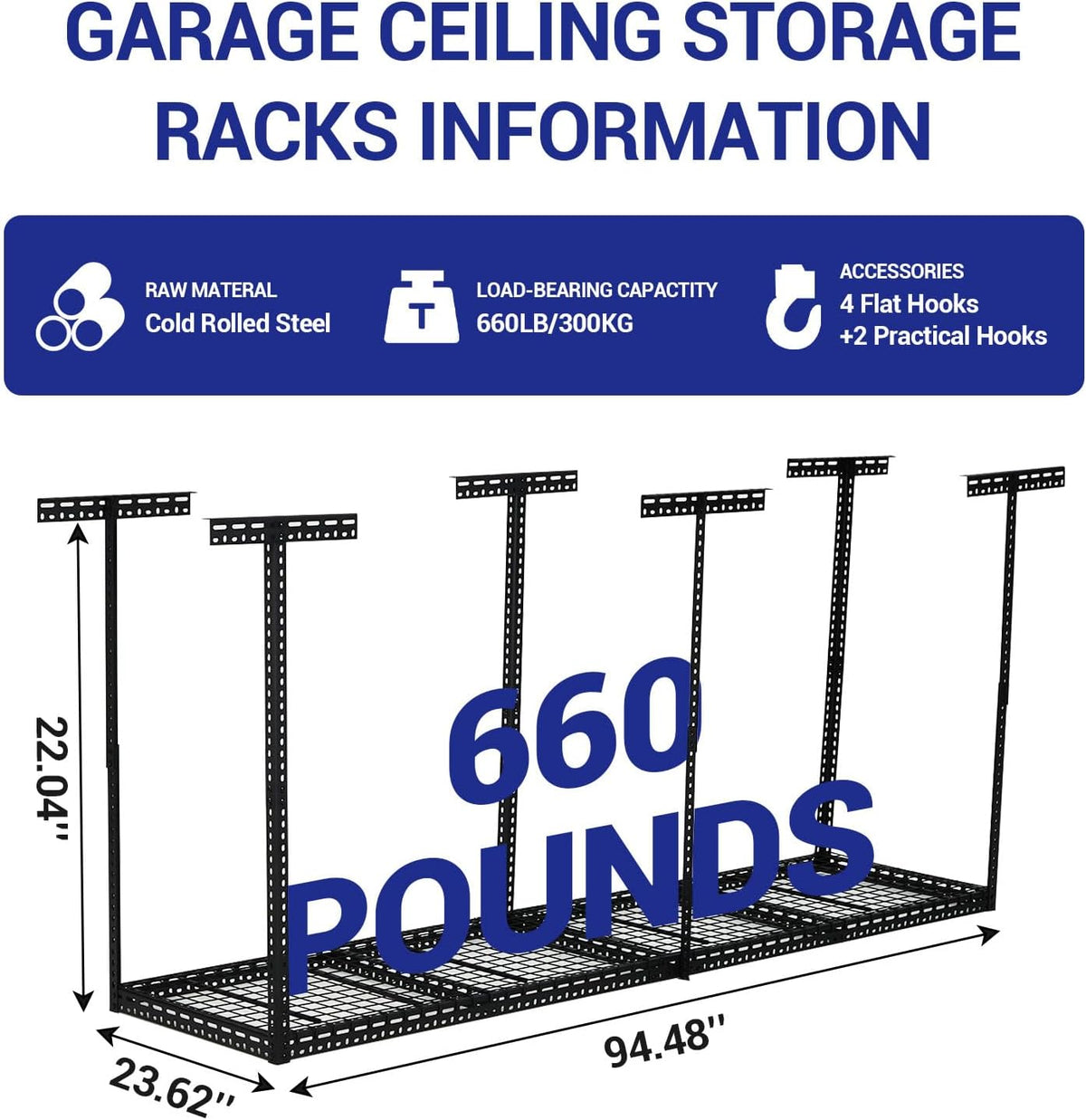 Overhead Garage Storage Rack, Heavy Duty Ceiling Storage Racks for Garage, Adjustable Height, 660LBS Weight Loading,2x8 FT Hanging Organizer Shelving for Warehouse Basement, Black