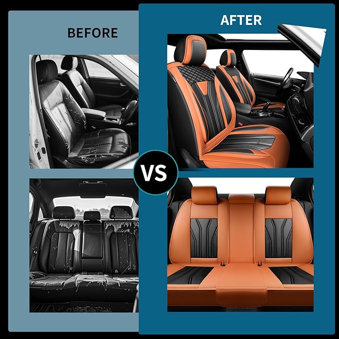 Fit Murano Car Seat Covers Compatible with Nissan Murano 2004-2025 2026 - Premium Leather， Waterproof Breathable， All-Weather Seat Cushion Protecto&Airbag Compatible (2 Front Seat Orange&Black)