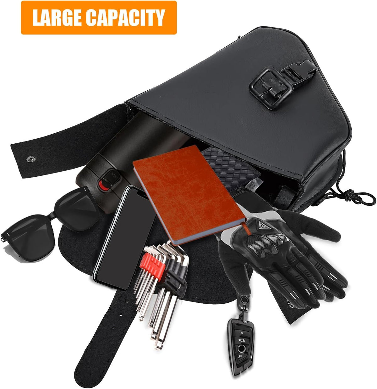GARGOYLE BELLS Motorcycle Swing Arm Bag Solo Saddle Bags For Sportster Softail PVC Waterproof Motorcycle Luggage Bags for Motorcycle or Bike (Right Side, Black-Single Buckle)