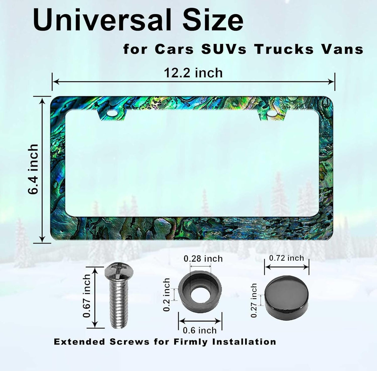 Universal License Plate Frame - Heavy Duty Rustproof Aluminum Matte Black Car Tag Holder Bracket Fits All US States, Easy Install with Screws Included (Faux Abalone-2pc)