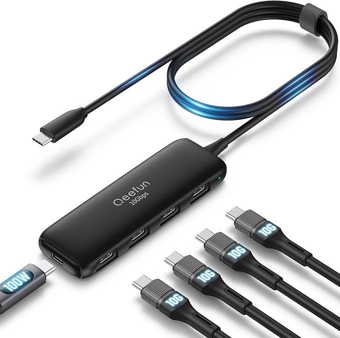 Qeefun USB C Hub 10Gbps, 4 Ports USB-C 3.2 Data Splitter, USB 3.2 Gen 2 Adapter with 100W Power Charging Port, USBC Extender for iPad Pro, iPhone 15, MacBook Air/Pro M2 M1, PC, Laptops and More