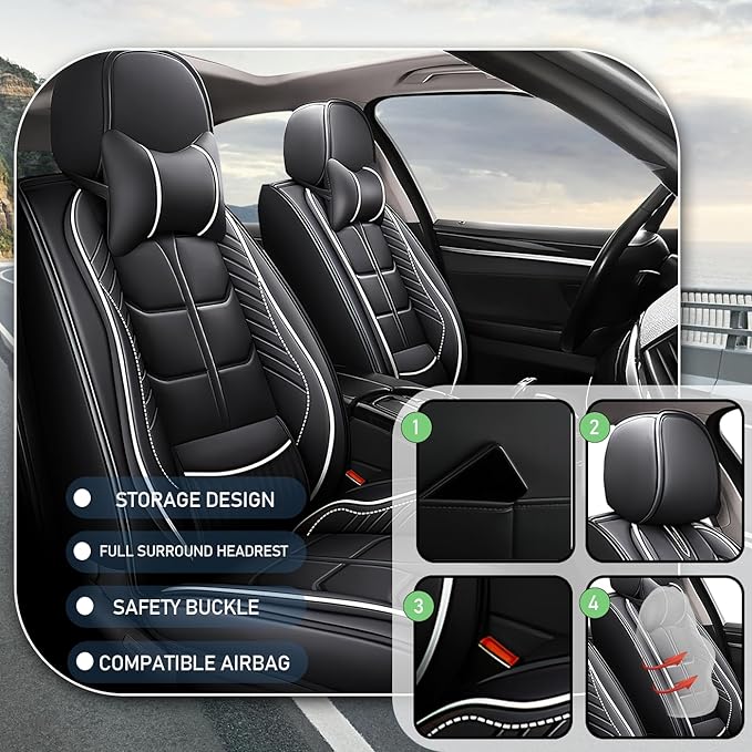 Leather Car Seat Covers Fit for Toyota Yaris iA 2017-2018, 5 Seater Car Seat Cover, Premium Waterproof, Scratch Resistant Car Interior Accessories (Full Set with Pillow Black White)