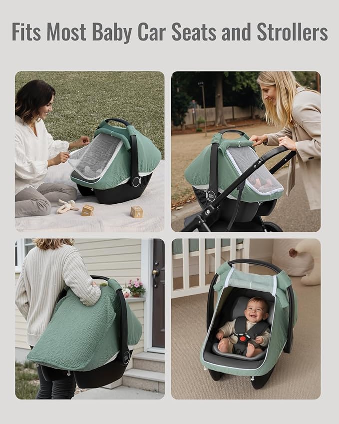 Blissful Diary Baby Car Seat Cover, Extra Large Mesh Window, Breathable Muslin Cotton, Infant Windproof Canopy, Must-Have Baby Gift - Roman Green