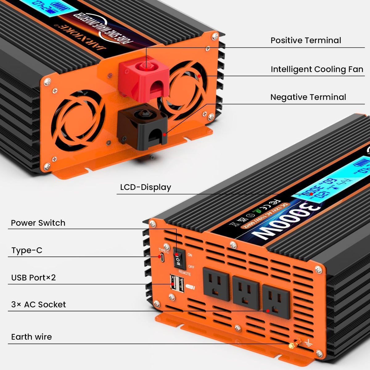 3000 Watt Pure Sine Wave Power Inverter 24V DC to 110V 120V Converter for Family RV Off Grid Solar System Car with Type-C Ports 4 AC Power Outlets Dual USB Ports LCD Display Wireless Remote Control