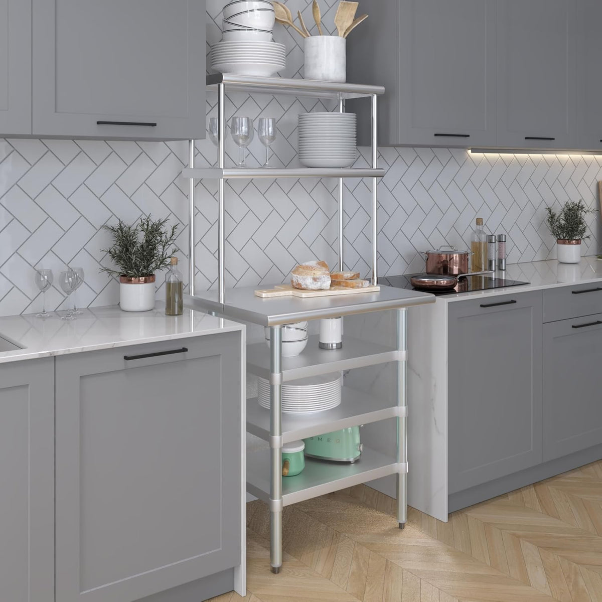 Amgood 24" x 30" Stainless Steel Work Table with 3 Shelves and 12" Wide Double Tier Overshelf | Metal Kitchen Prep Table & Shelving Combo | NSF