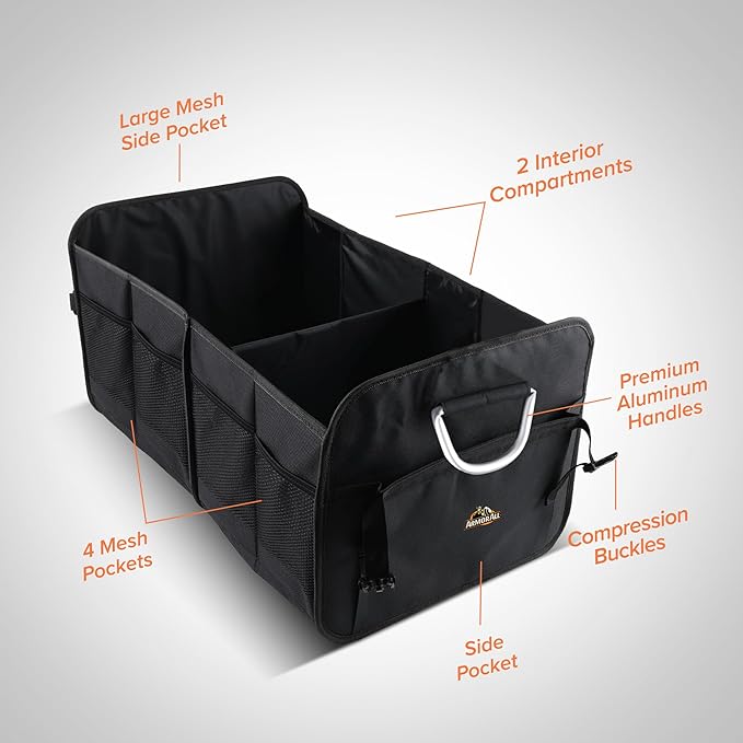 Armor All Car Trunk Organizer, Collapsible Multi-Compartment Car Organizers with Strong Aluminum Handles Foldable and Waterproof, Suitable for Any Car, SUV, Mini-Van, Black