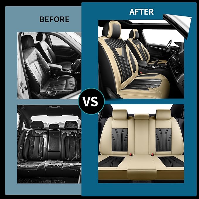 Fit Frontier Car Seat Covers Premium Leather for Nissan Frontier 2009-2025 2026. Waterproof， Breathable, Scratch-Resistant & All-Weather Seat Cushion Protector（Front Seat,Beige&Black