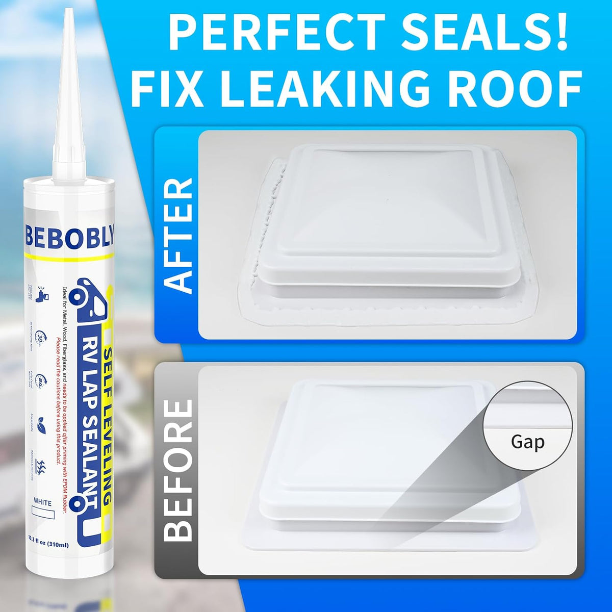 RV Roof Sealant, Self Leveling Lap Sealant White, RV Caulking Sealant Waterproof, Flexible & Non-Cracking, RV Lap Sealant for Camper, Trailer & Motorhome Roof Repair, Secure Odorless (4 Pack)