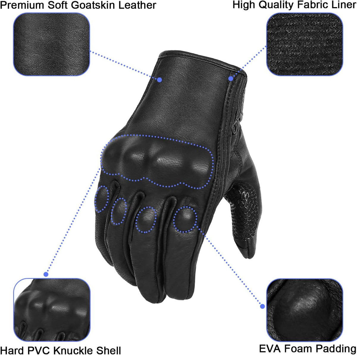 Superbike Updated Black Leather Motorcycle Gloves Hard Knuckle Armored Touchscreen Motorcycle Riding Gloves (Updated,Non-Perforated, M)