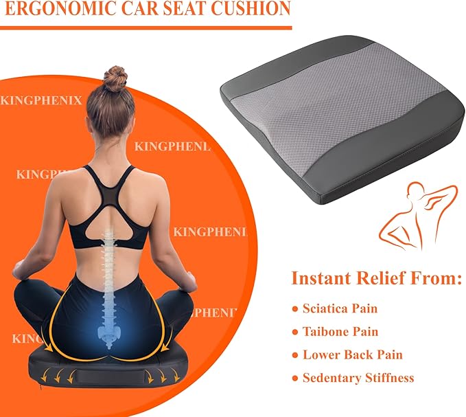 Car Seat Cushion, Comfort Memory Foam Car Cushions for Driving - Sciatica & Lower Back Pain Relief, Driver Seat Pillow for Auto, Office Chair, Wheelchair - Dark Grey