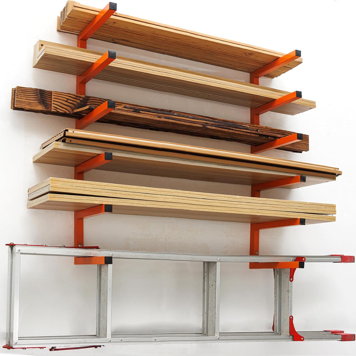 Heavy Duty Lumber Storage Rack Wall Mount, Metal Wood Rack Organizer with 6-Level Each Shelf Holds Up 200 Lbs, Indoor & Outdoor Use - 4pack