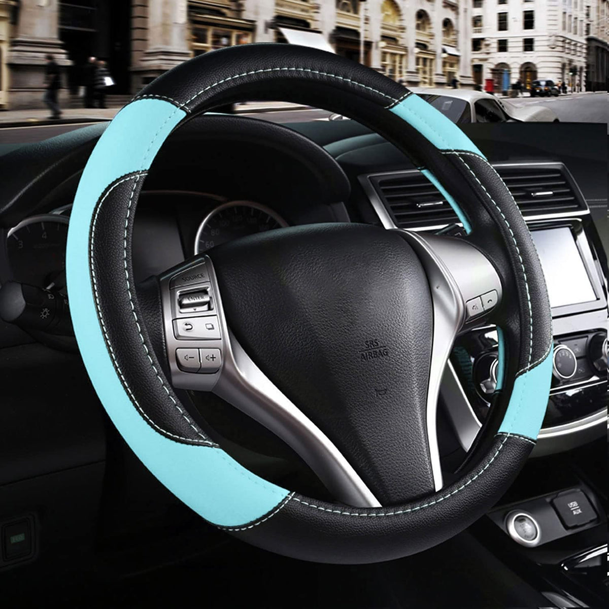 Leather Car Steering Wheel Cover, Non-Slip Car Wheel Cover Protector Breathable Microfiber Leather Universal Fit for Most Cars (Blue)