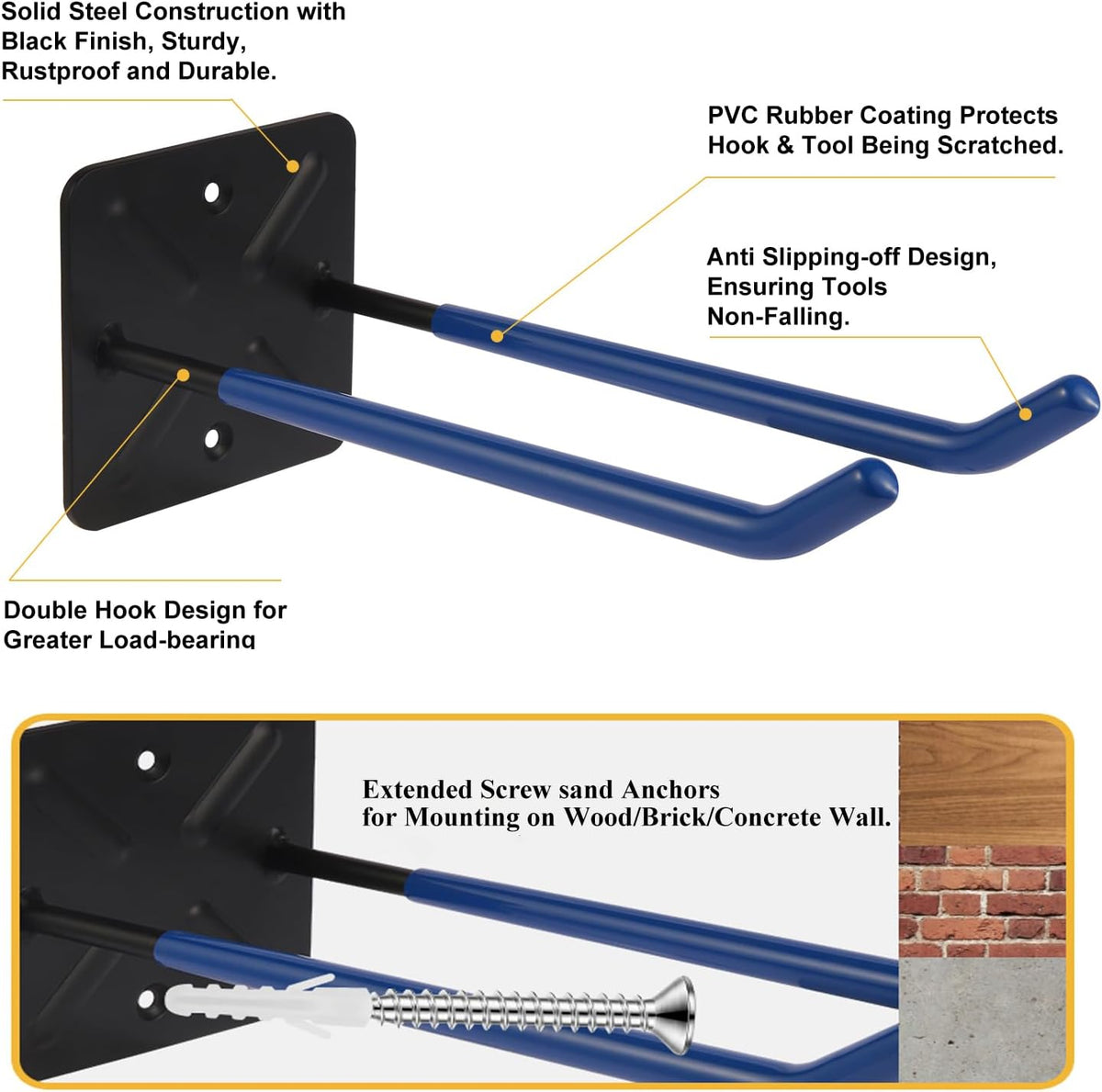Steel Garage Storage Hooks Wall Tool Organizer, 14 Inch Garage Hook Heavy Duty Utility Storage Hangers Blue for Ladders, Chairs, Garden Tools, Set of 4