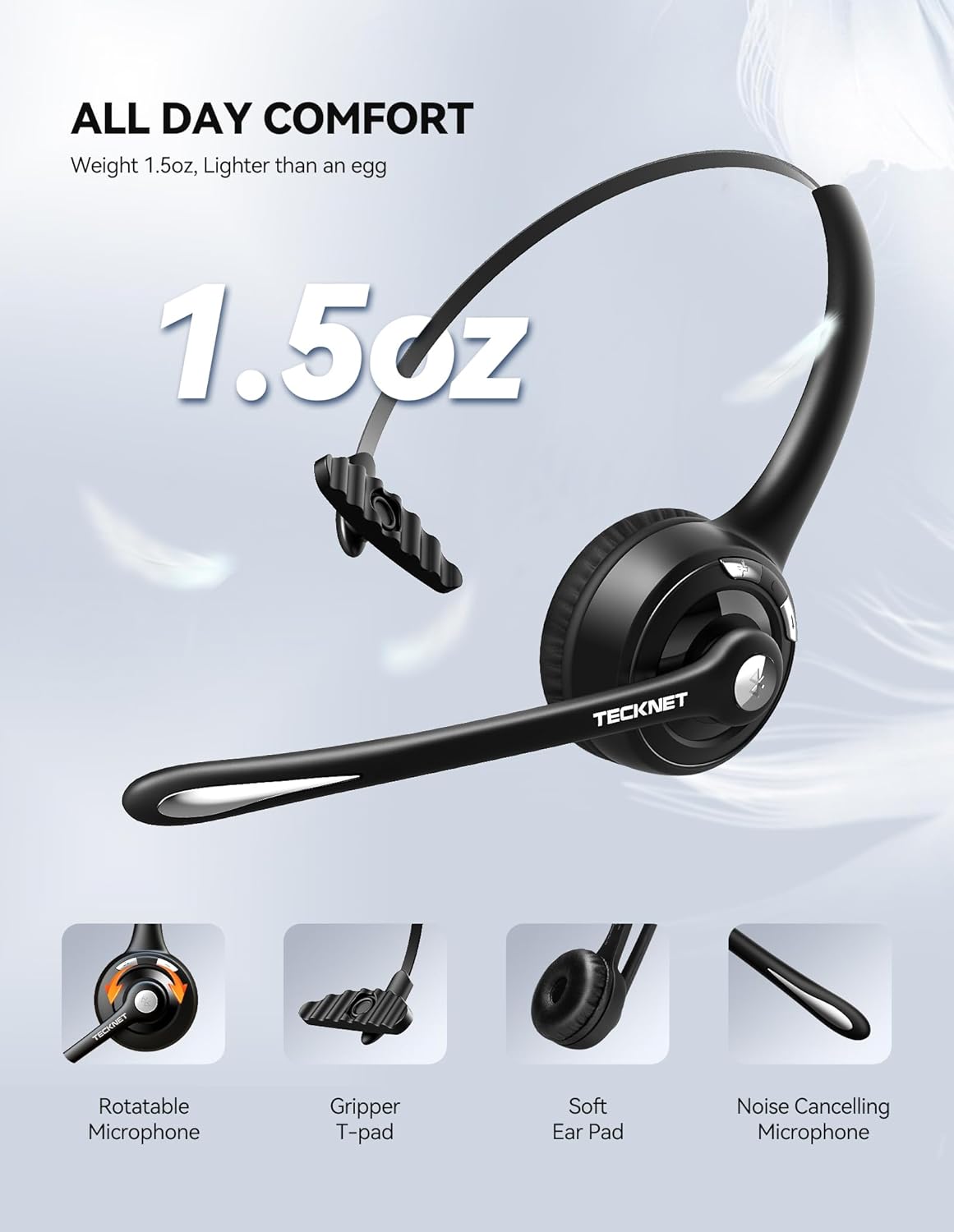 TECKNET Bluetooth Headset, Wireless Headset with Noise Canceling Microphone for Trucker, On-Ear Bluetooth Headphone with Mute Mic for Work