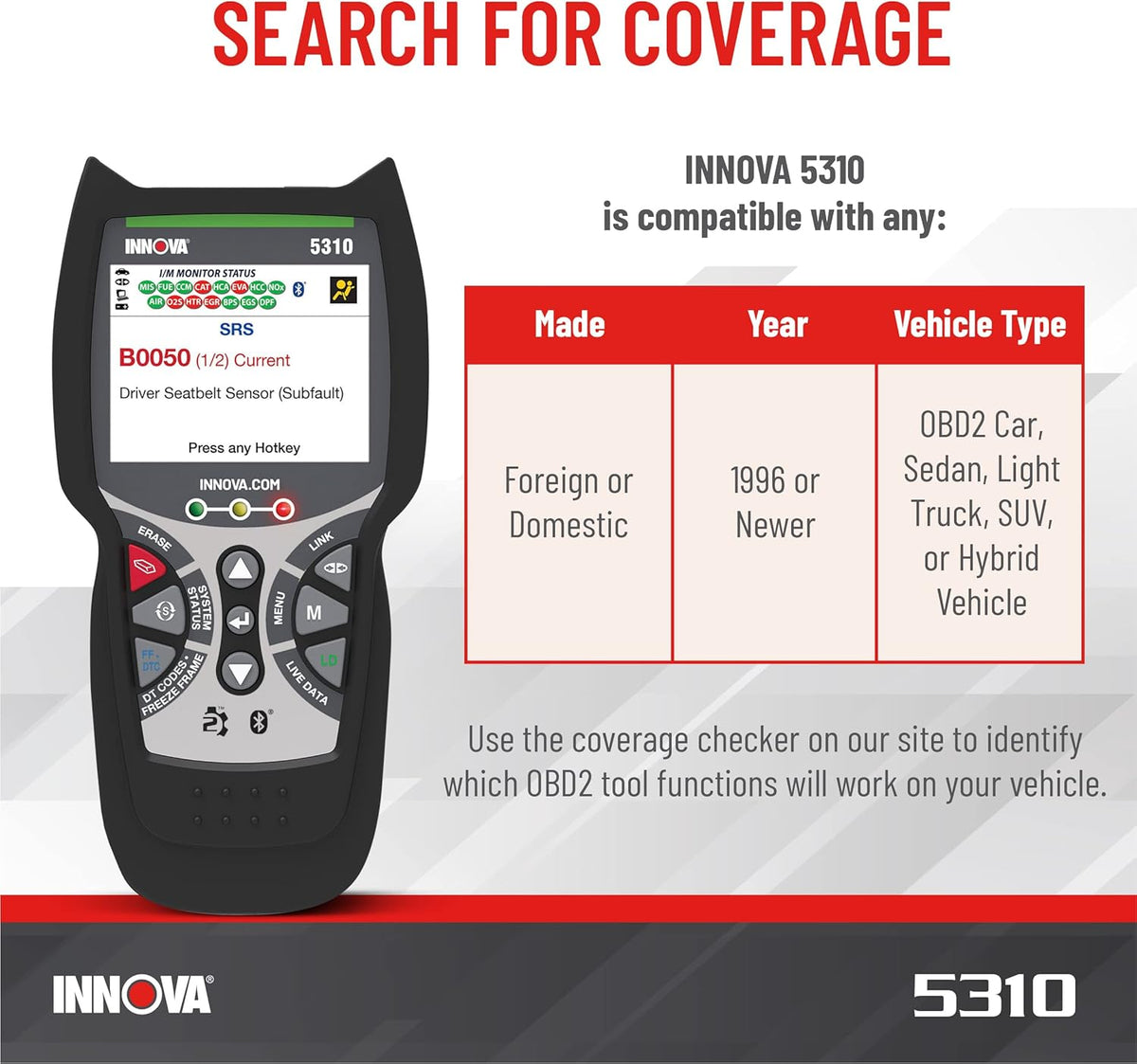 Innova 5310 OBD2 Scanner for ABS & Airbag (SRS) with Battery/Alt Test, Oil Light Reset, Live Data for 1996-2023 Vehicles, Accurate, Reliable, Easy to Use, iPhone & Android App Included