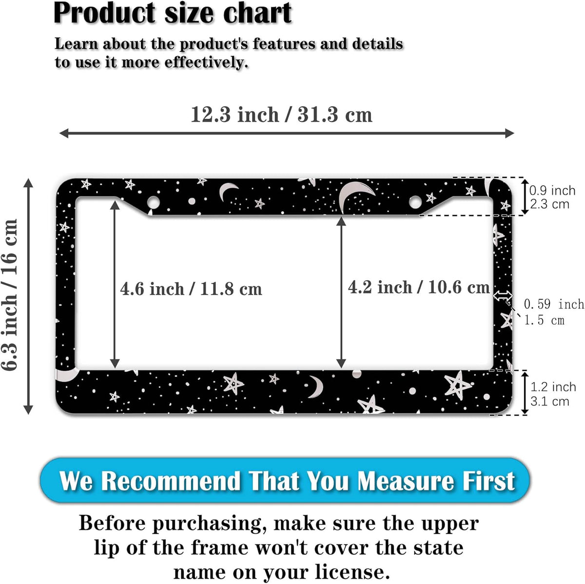 License Plate Frames Black and White License Plate Covers Night Moon Star Black Print Aluminum Metal Car Accessory 2 Pack with Screw Covers Set