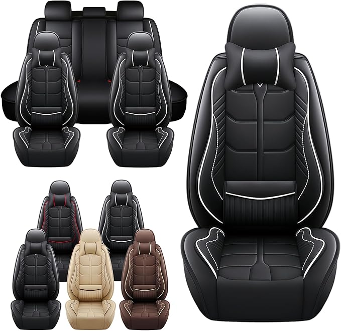 Leather Car Seat Covers Fit for Toyota Yaris 2007-2020, 5 Seater Car Seat Cover, Premium Waterproof, Scratch Resistant Car Interior Accessories (Full Set with Pillow Black White)