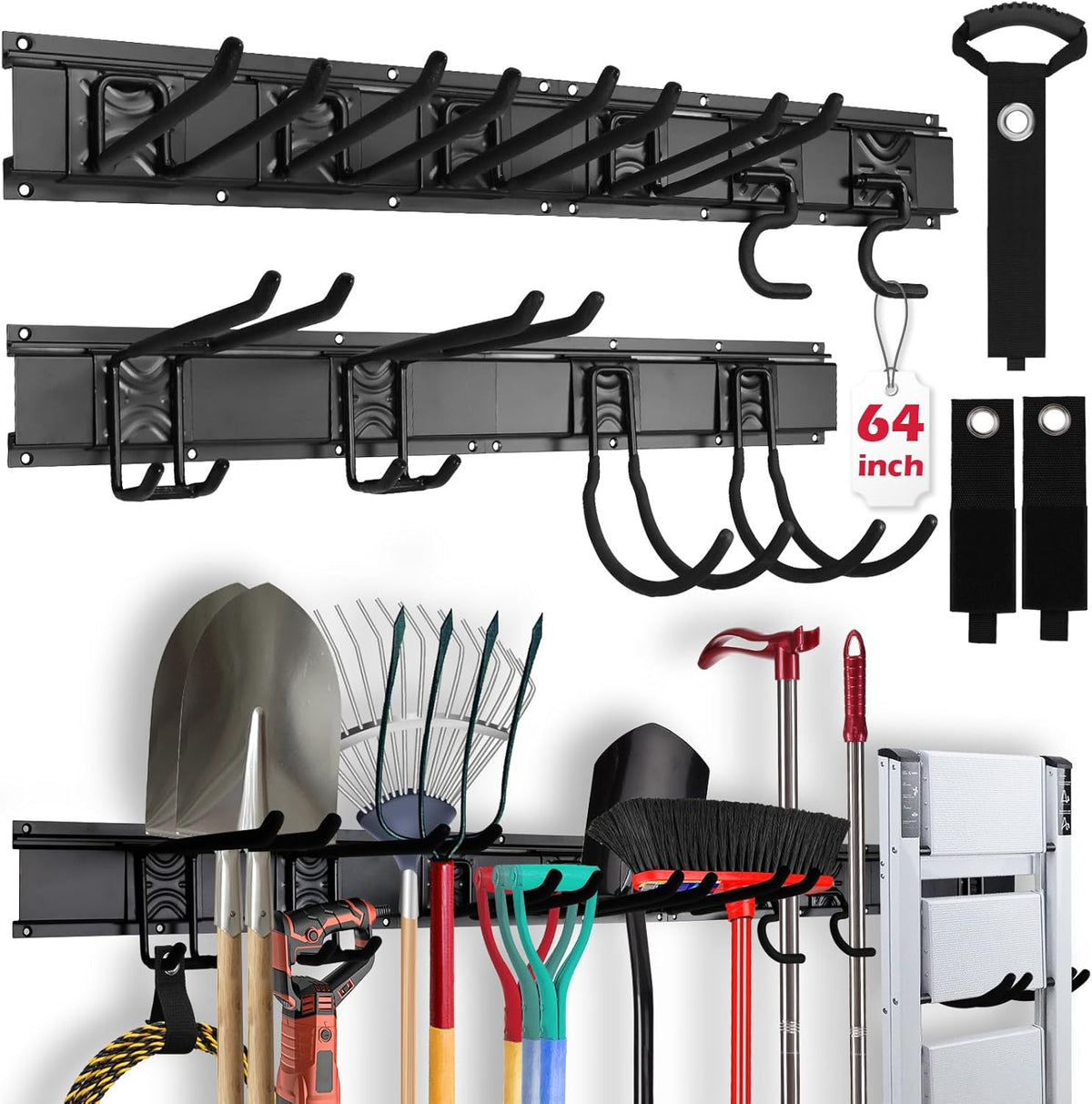 64" Heavy Duty Garage Storage Tool Organizer Wall Mount - Tool Rack with Adjustable Hooks, Anti-Rust, 300lbs Capacity - Easy Installation (4 Racks, 10 Hooks, 3 Straps)