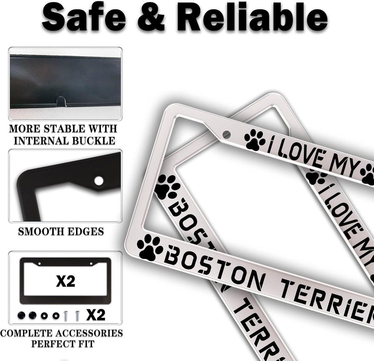 License Plate Holder Black and White License Plate Frames I Love My Boston Terrier Aluminum Metal Car Accessory 2 Pack with Screw Covers Set