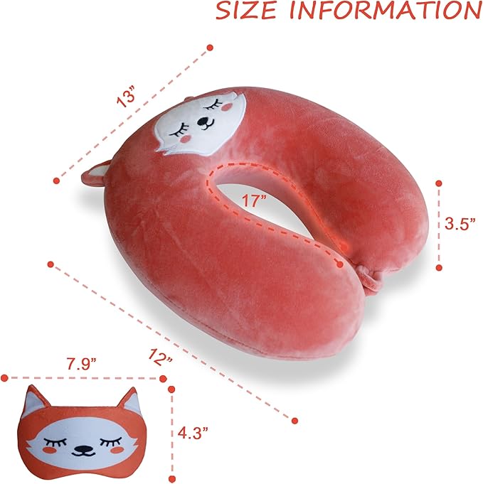 Sexysamba Cartoon Headrest & Neck Pillow for Kids Boys & Girls, Teens, Travel Accessories for Airplane, Car, Recline, Memory Foam Cute Travel Pillow with Sleep Eye Mask - Fox