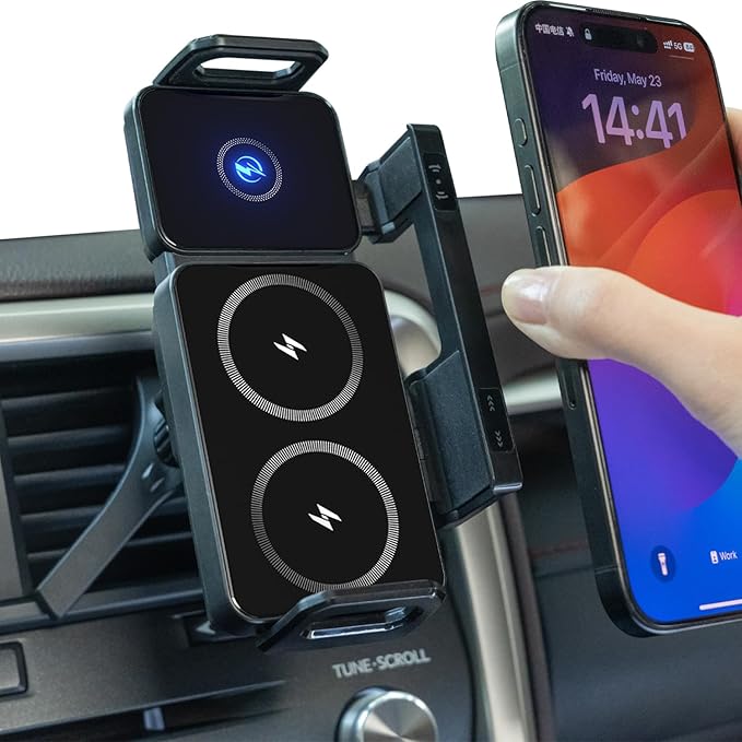 Car Phone Holder, Ultra Stable Dashboard Air Vent Cell Phone Car Mount, 15 Watt Dual Coil Fast Charger, Rotating Charger Car Phone Mount, for Smartphones