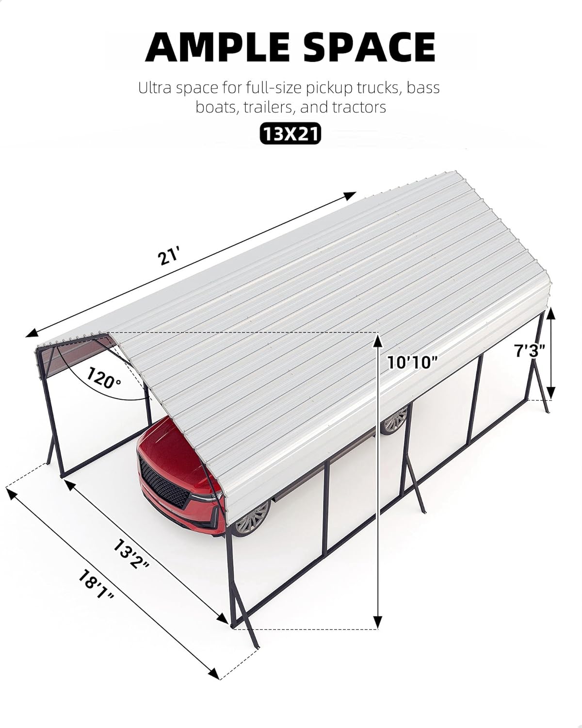 13'x21'x11' Oversized Metal Carport, Steel Heavy Duty Car Ports for All-Weather, Tall Carport for Full-Size Pickup Trucks, Boats, and Tractors, N.W. 660 Lbs