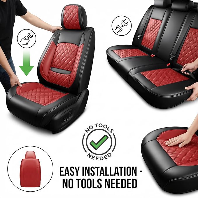 Fit Elantra Car Seat Covers for Hyundai Elantra 2017-2025 2026 - Premium Leather, Waterproof, All-Weather, Airbag Compatible, Anti-Slip, Breathable, Seat Protectors, Full Set, Red