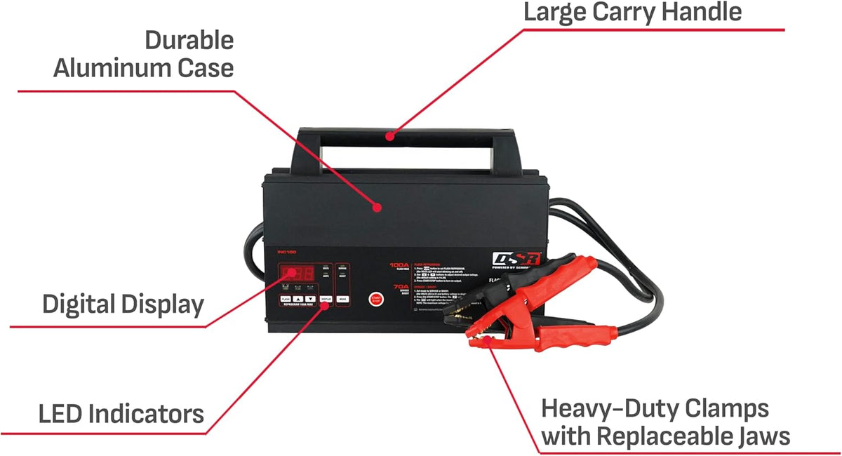 Schumacher Electric 100A Car Battery Charger and Power Supply, DSR Professional Grade, Service Mode, Flash Reprogram, Boost Charge, INC100, for 12V Automotive and Marine Batteries