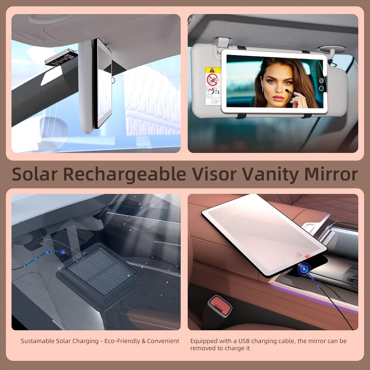 Solar Car Sun Visor Vanity Mirror, Sun Visor Makeup Mirror for Car,Dimmable with 3 Light Modes