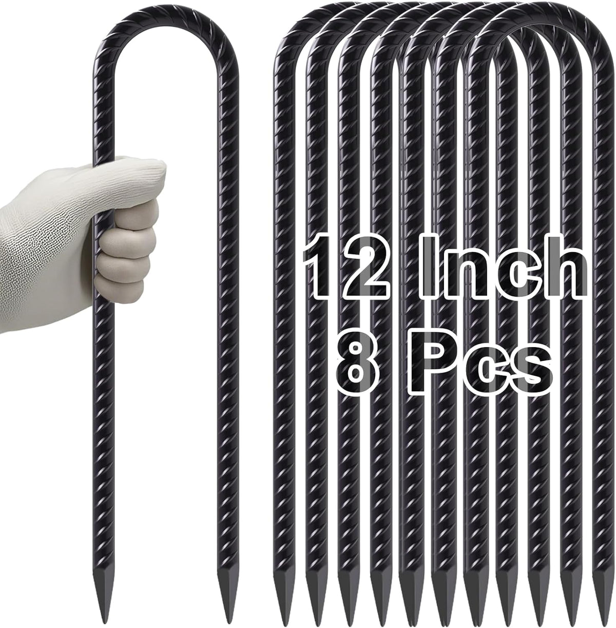 VVOKGO Trampoline Stakes 12 Inches Anchors High Wind Heavy Duty, 8-Pack U Shaped Tie Down Anchor Kit for Ground, Camping Tent, Soccer Net, Swing Set, Black